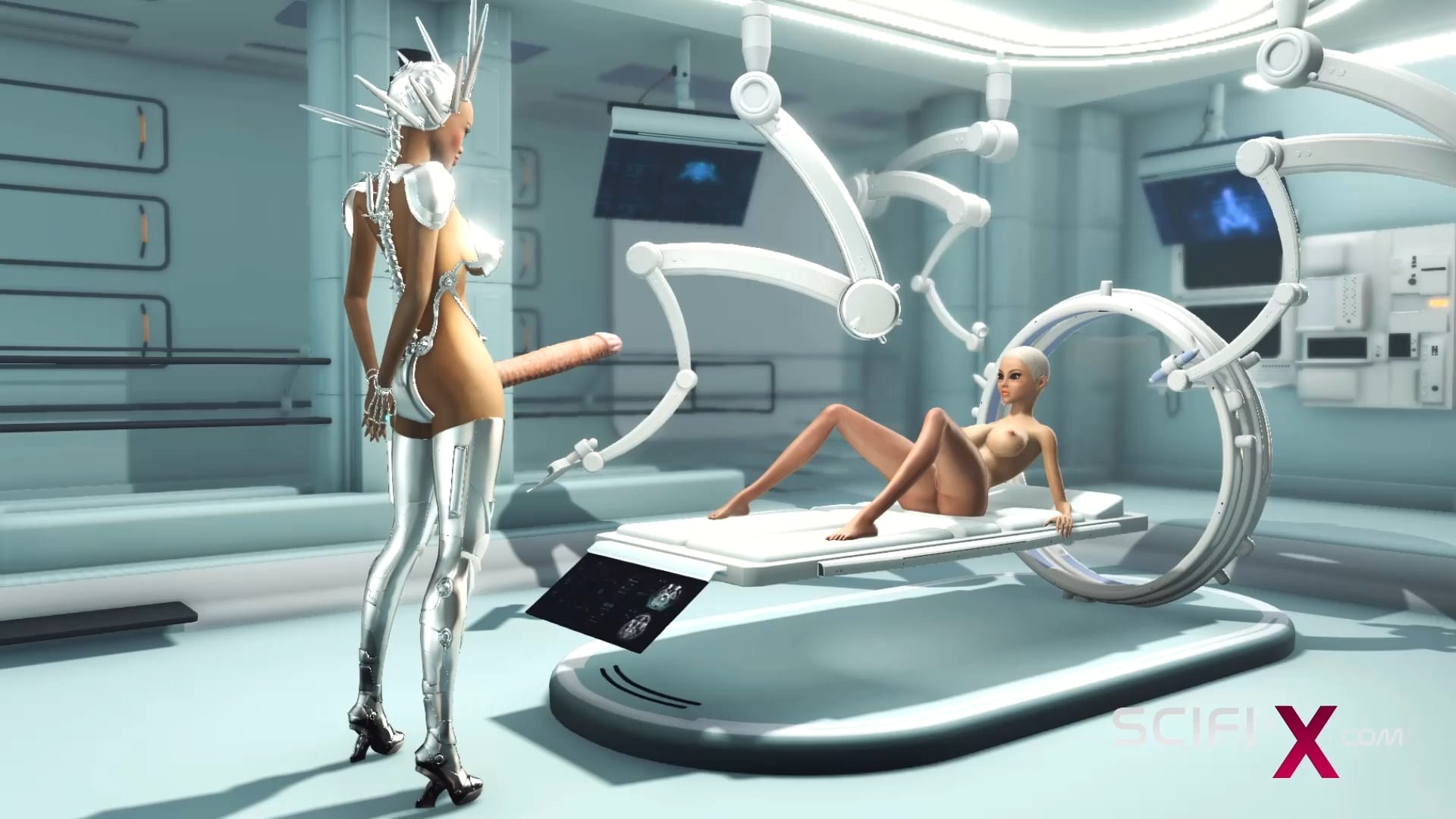 Sex android futanari plays with a sexy blonde in the sci-fi med bay